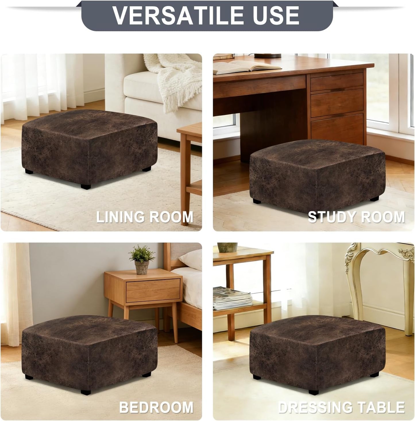 ANARACHON Leather Like Ottoman Cover, Stretch Small Square Ottoman Covers, Rectangular Ottoman Slipcovers with Removable Washable Non-Slip Elastic Bottom for Footstools (02 Brown, XX-Large)