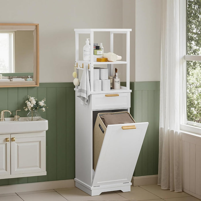 VECELO Bathroom Cabinet with Removable Basket, Tall Tilt Out Laundry Hamper with 2-Tier Open Shelves, 1 Drawer and 3 Side Hooks for Storage, White
