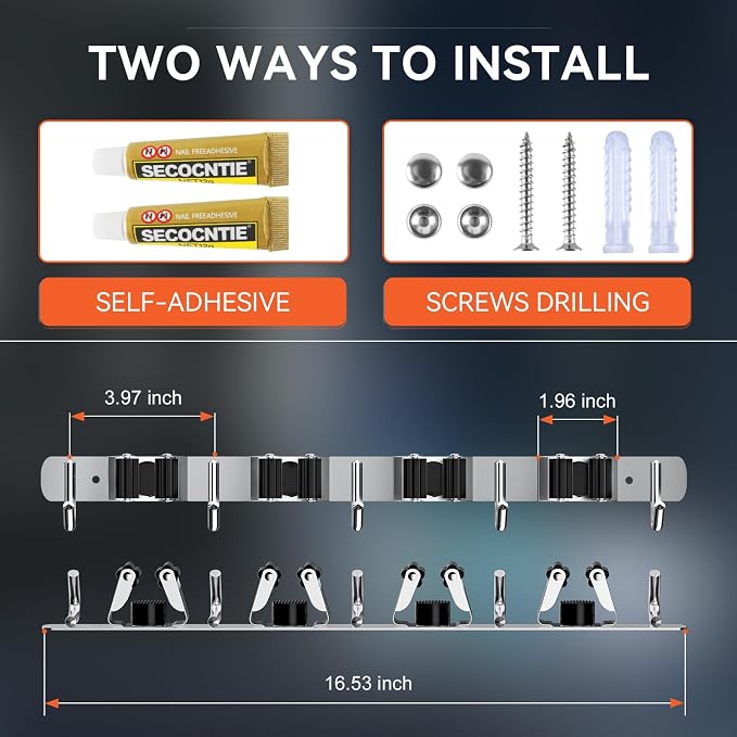 ZONGOOL 2 Pack Mop Broom Holder Wall Mount, 4 Racks and 5 Hooks Broom Organizer - Image 6