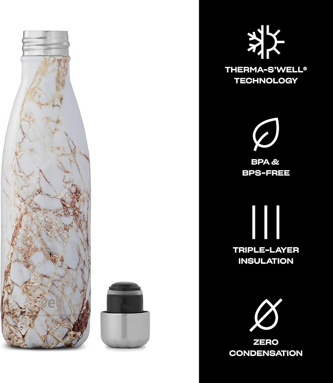 S'well Stainless Steel Water Bottle, Calacatta Gold, Triple Layered Vacuum - Image 3