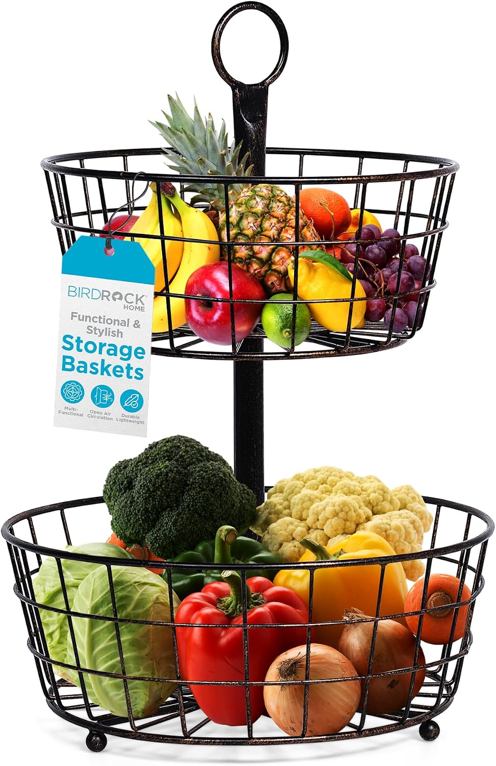 BIRDROCK HOME 2 Tier Wire Fruit Basket | Round Metal Standing Baskets | Fruit...