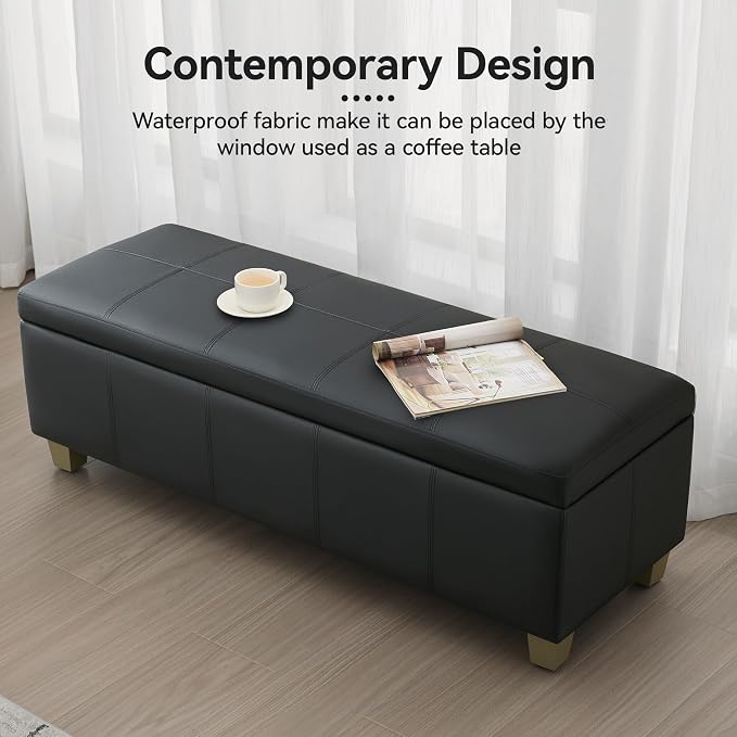 51" Faux Leather Storage Ottoman, Stitch Tufted Rectangle Upholstered End of - Image 7