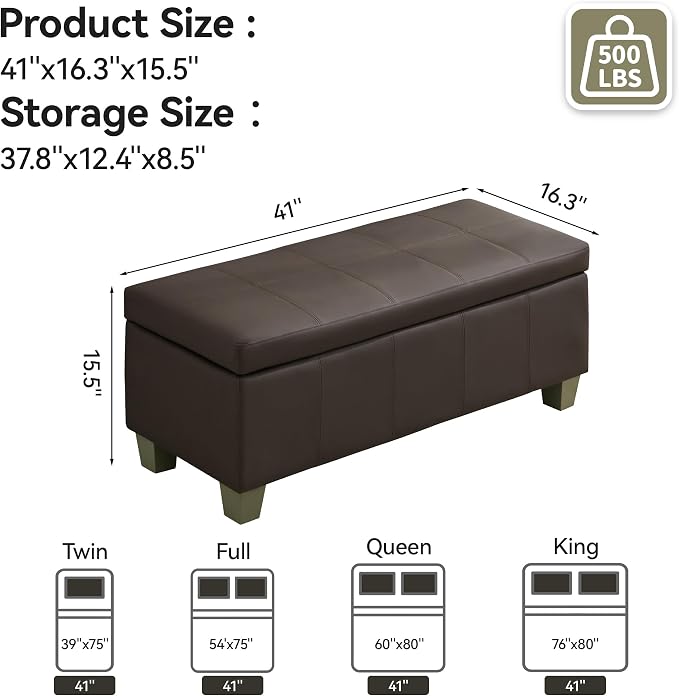 41" Faux Leather Storage Ottoman, Stitch Tufted Rectangle Upholstered End of - Image 2