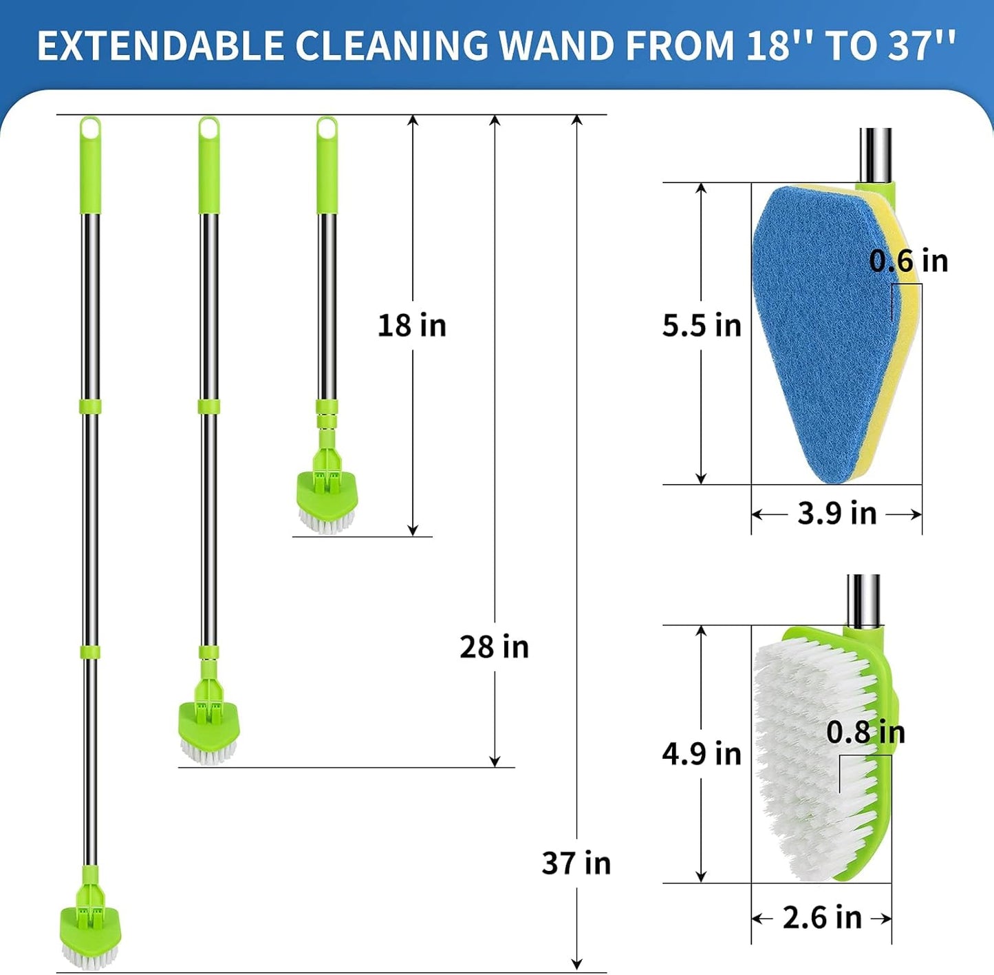 2 in 1 Scrub Cleaning Brush with 37” Long Extendable Handle,1 Stiff Bristle and 3 Sponge Brushes, Lightweigh Detachable Shower Scrubber for Cleaning Bathroom Shower Bathtub Glass Tile Floor