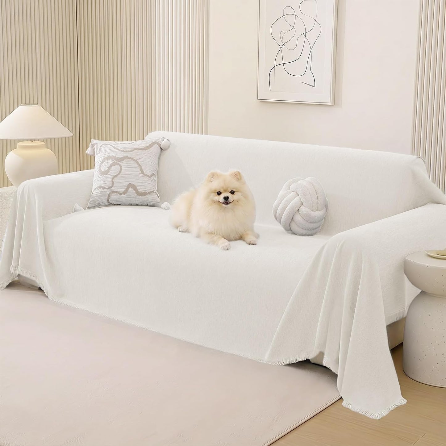 Chenille Couch Cover for Dogs, Boho Sofa Cover Washable Couch Cover, 3 Cushion Sofa Cover, Pet Throw Blankets for Couches with Tassel Furniture Protector Covers,71"×118",Beige White