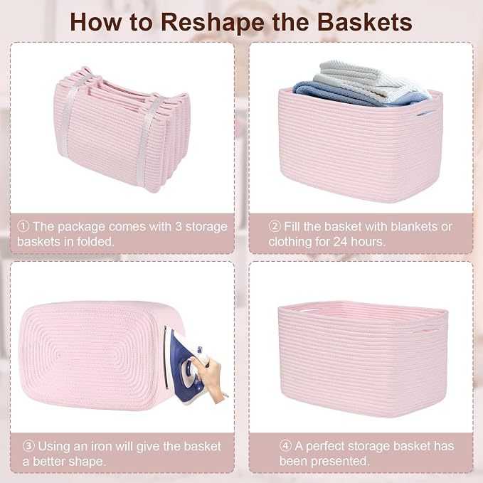 3-Pack Shelf Baskets for Organizing, Woven Storage Basket for Shelves, Cotton - Image 9