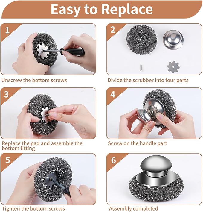 6Pcs Steel Wool Scrubber with Replacement Wire Pads Set, Stainless Steel - Image 6