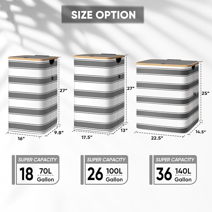 BALEINE Laundry Hamper with Lid, Tall Laundry Baskets with Bamboo Pull Handles - Image 2