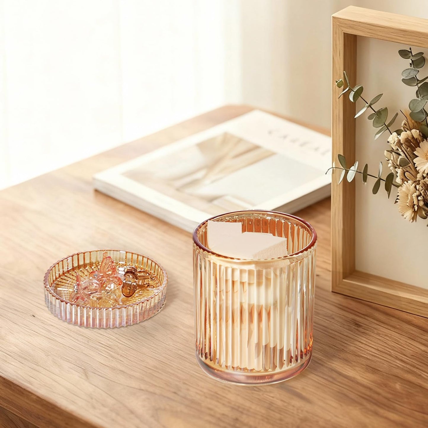 SheeChung 2 Pack Glass Qtip Holder Dispenser, Amber Apothecary Jars | -Bathroom Organizer & Storage Set -Vanity Canister for Cotton Swabs, Balls, Pads - Luxury Modern Farmhouse Decor