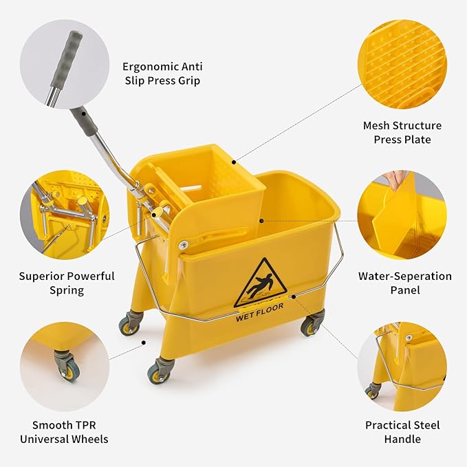22 Qt Mop Bucket with Wringer for Floor Cleaning, 16.5" L x 10.6" W x 26.4" H - Image 2