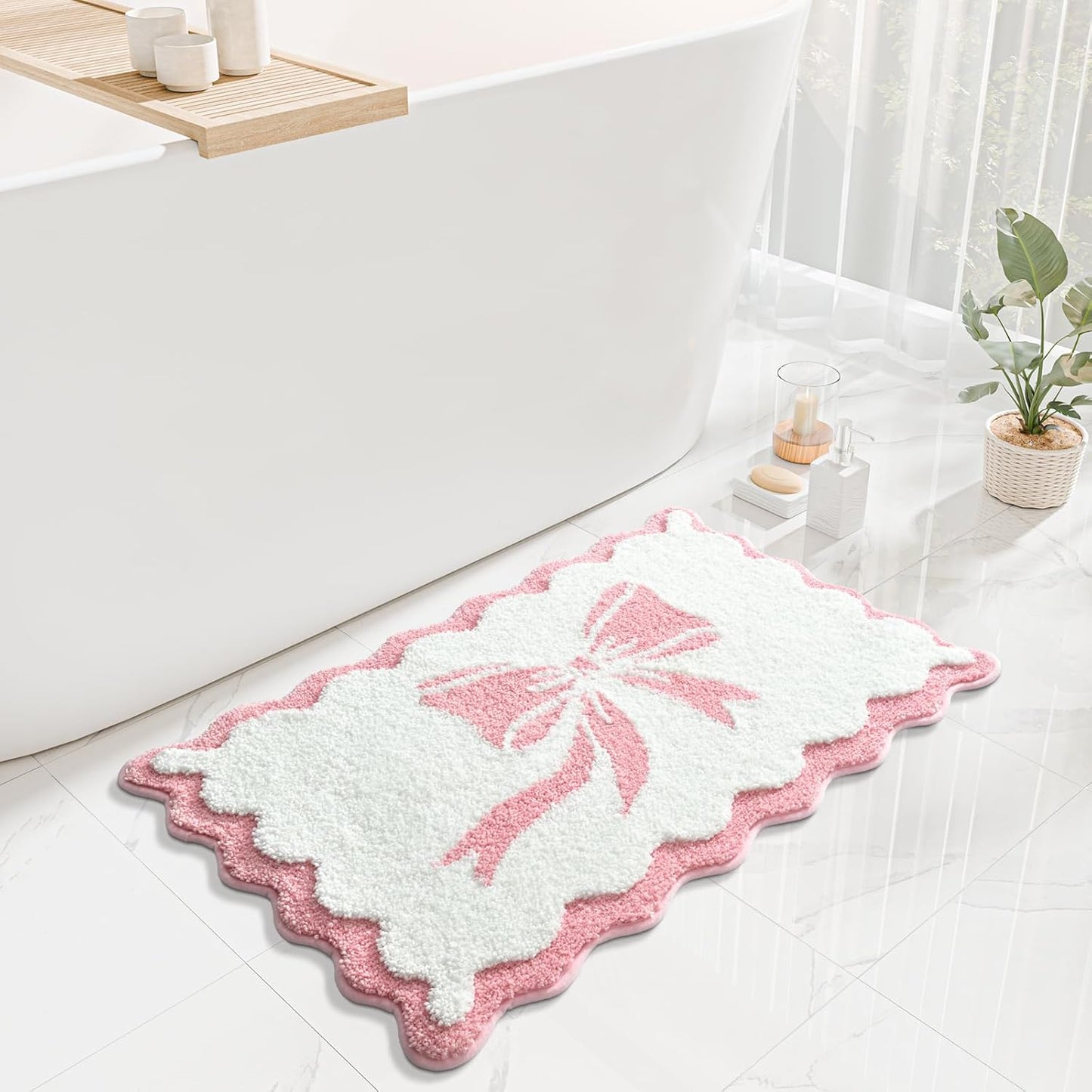 Anybar Bow Bath Mat Pink White Bathroom Rug Cute Scalloped Rugs Non Slip Floor Carpet Microfiber Bathmat Soft Super Absorbent Machine Washable Bathmat for Shower Scallop Bathroom Mats（18x25 inch）
