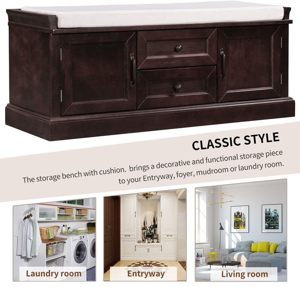 GDFStudio Rustic Storage Bench with 4 Doors 2 Draws Adjustable Shelves Remova...