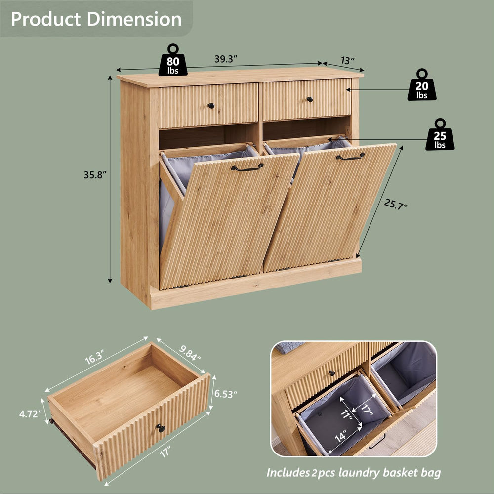 IFBUY Double Tilt Out Laundry Hamper Cabinet, Modern Trash Cabinet, Natural