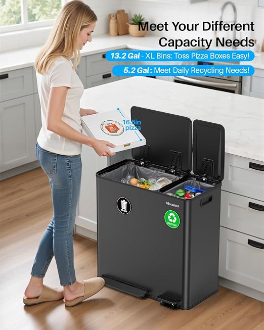 Dual Trash and Recycling Bins for Kitchen, 13.2 + 5.2 Gal Stainless Steel Trash - Image 2