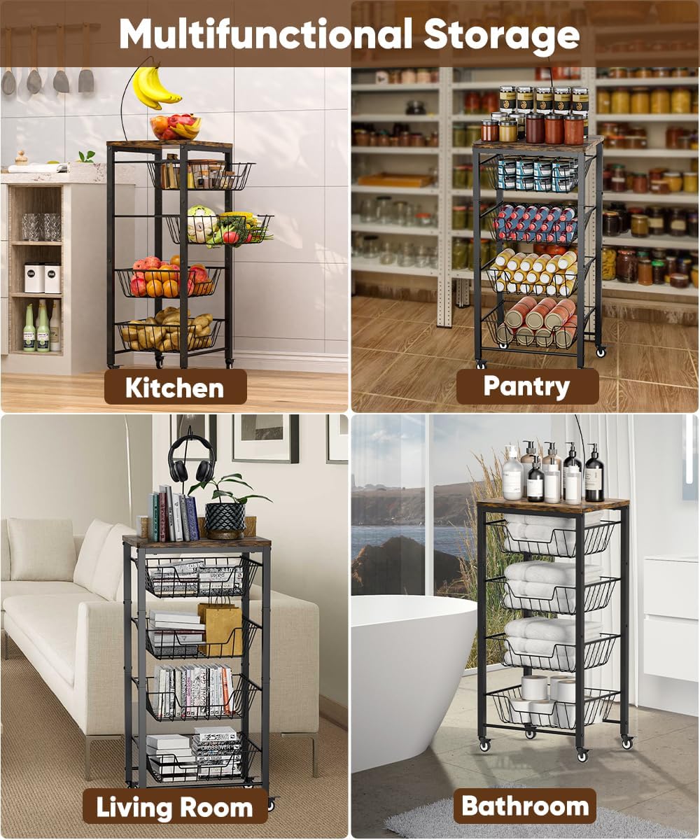 Fruit Vegetable Storage Cart for Kitchen, 5-Tier Vegetable Stand Rack with Pu...