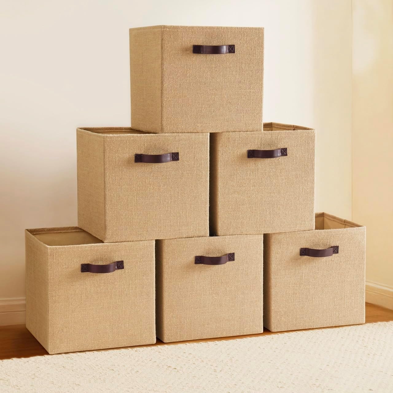 Ornavo Home 10.5x10.5 Jute Storage Cube Bins, 6 Pack, Leather Handles | Foldable Collapsible Fabric Shelf Basket Organizer; Ideal for Closet Storage; Storage Cube Organizers