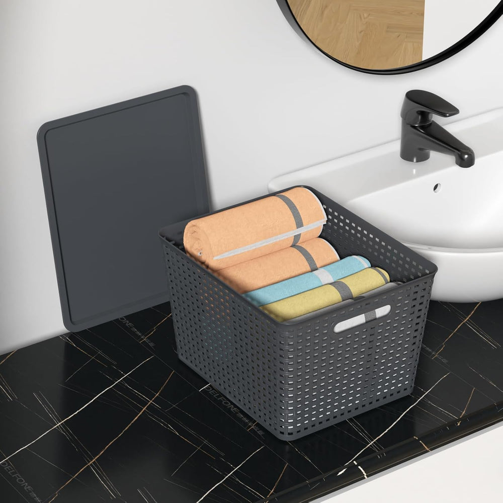 20 Quart Stackable Plastic Weave Storage Basket with Lid, 6-Pack