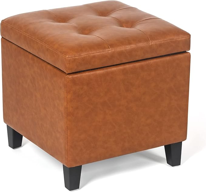 Adeco 17.7" Leather Cube Storage Orange Ottomans by Adeco