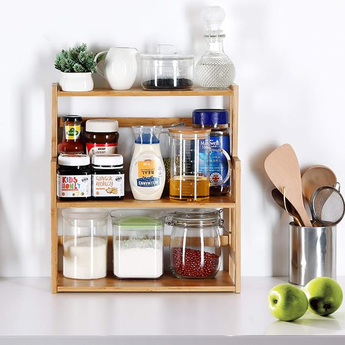 Bamboo Spice Rack Kitchen Countertop Organizer Storage Shelves-3 tier Standing - Image 2
