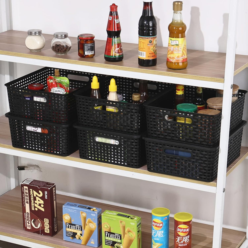 6 Packs Large Plastic Storage Baskets with Lid, Shelf Bins, Black