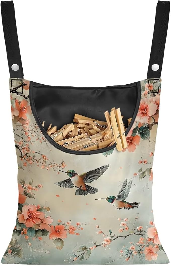 2 Pcs Hummingbird and Flowers Clothes Pin Bag, Small Hanging Laundry Bag by Unknown