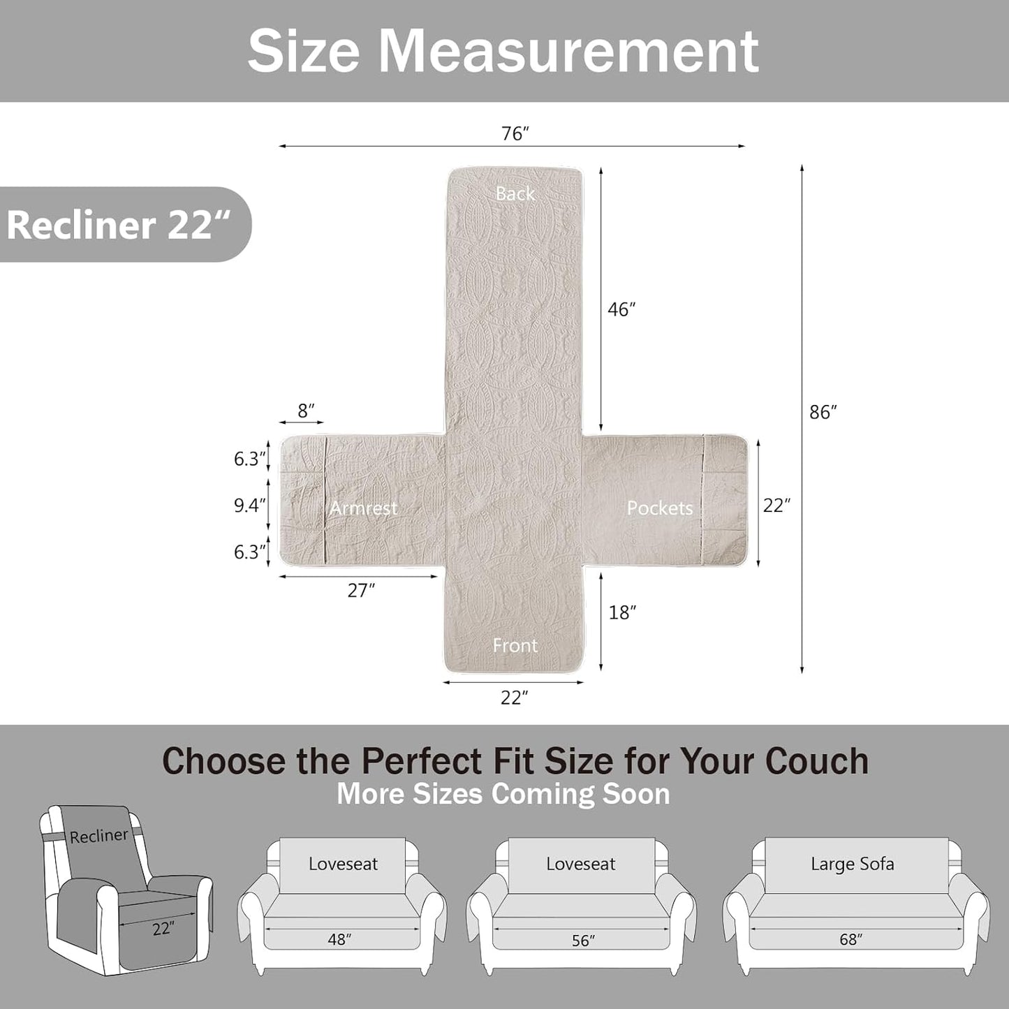 Beige Quilted Recliner Chair Covers, Water-Repellent Recliner Slipcovers, Lazy Boy Chair Covers, Pet Friendly Recliner Covers for Dog, Washable Armchair Protector (Recliner 22", Beige Cream)