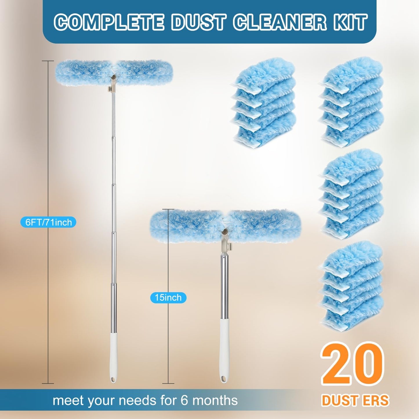Duster Kit with 6 Ft Extendable Handle & 20 Refills - Long Reach Microfiber Dusters for Cleaning High Ceilings, Fans, Blinds,Wall - Traps 4X More Dust - Complete Dusting Wand for Home Office