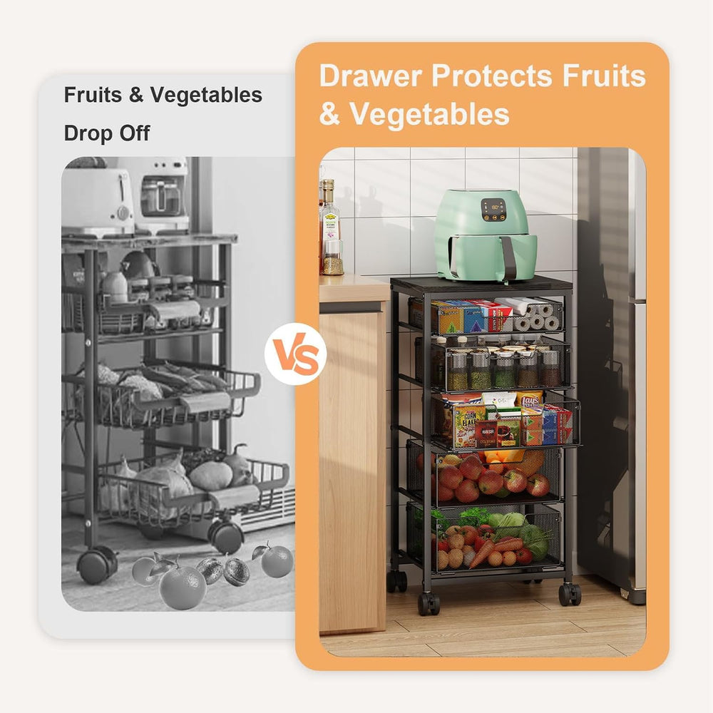 Kitchen Storage Cart with Drawer, 5-Tier Fruit Vegetable Storage Cart, Kitche...