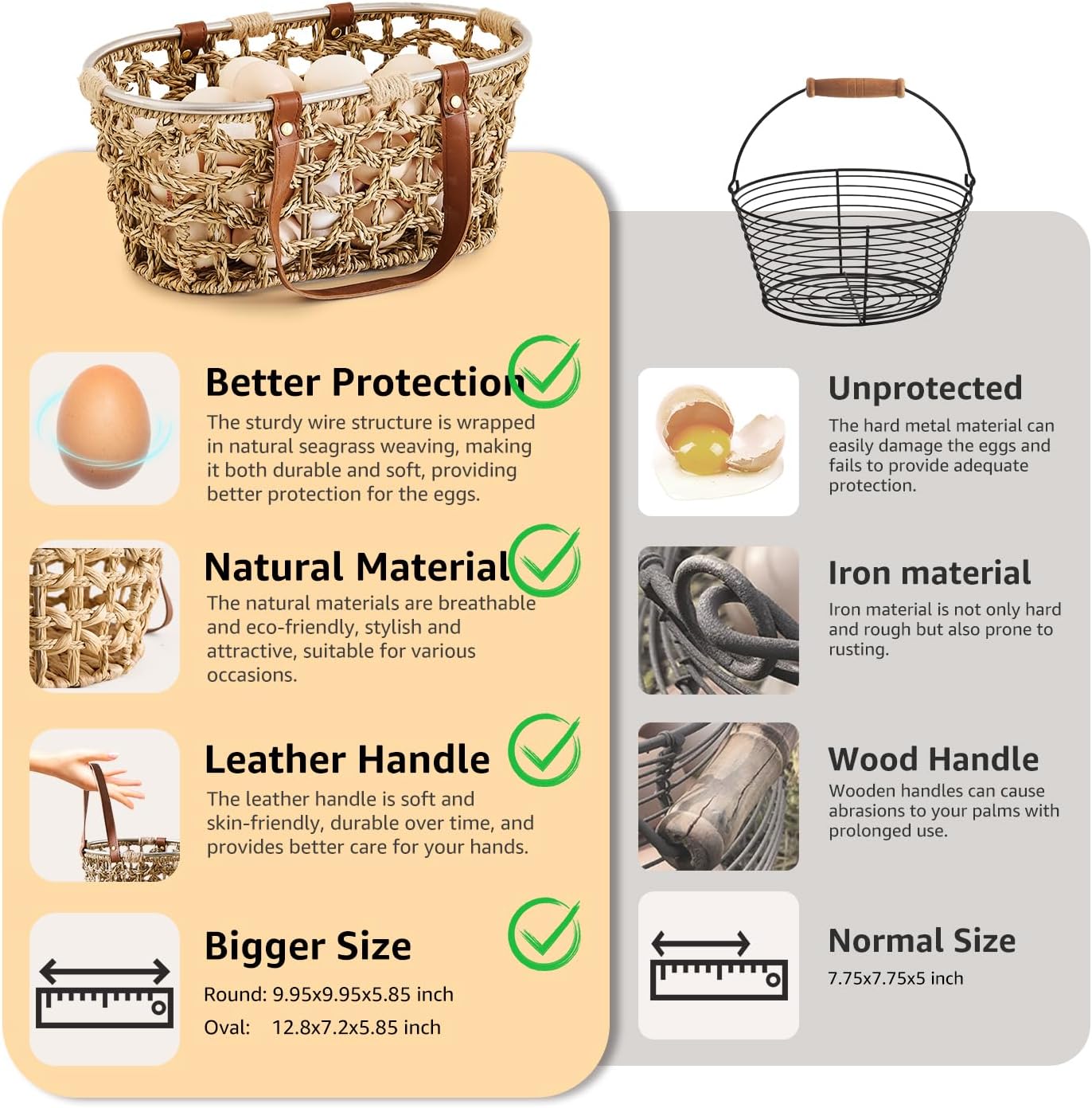 Farmhouse Seagrass Egg Baskets for Collecting Fresh Eggs Handmade Egg Collecting Basket Wicker Oval Storage Basket for Picnic, Harvest, Vegetable