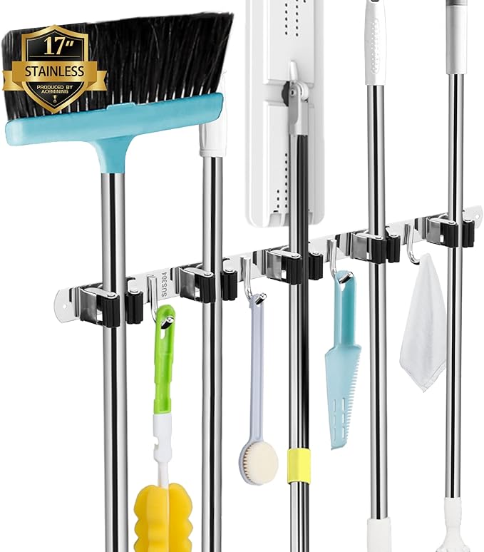 AceMining 5 Racks and 4 Hooks Mop and Broom Holder Wall Mount, Broom Organizer by AceMining