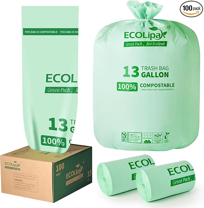 ECOLipak 13 Gallon Compostable Trash Garbage Bags, US BPI ASTM D6400 and OK by ECOLipak