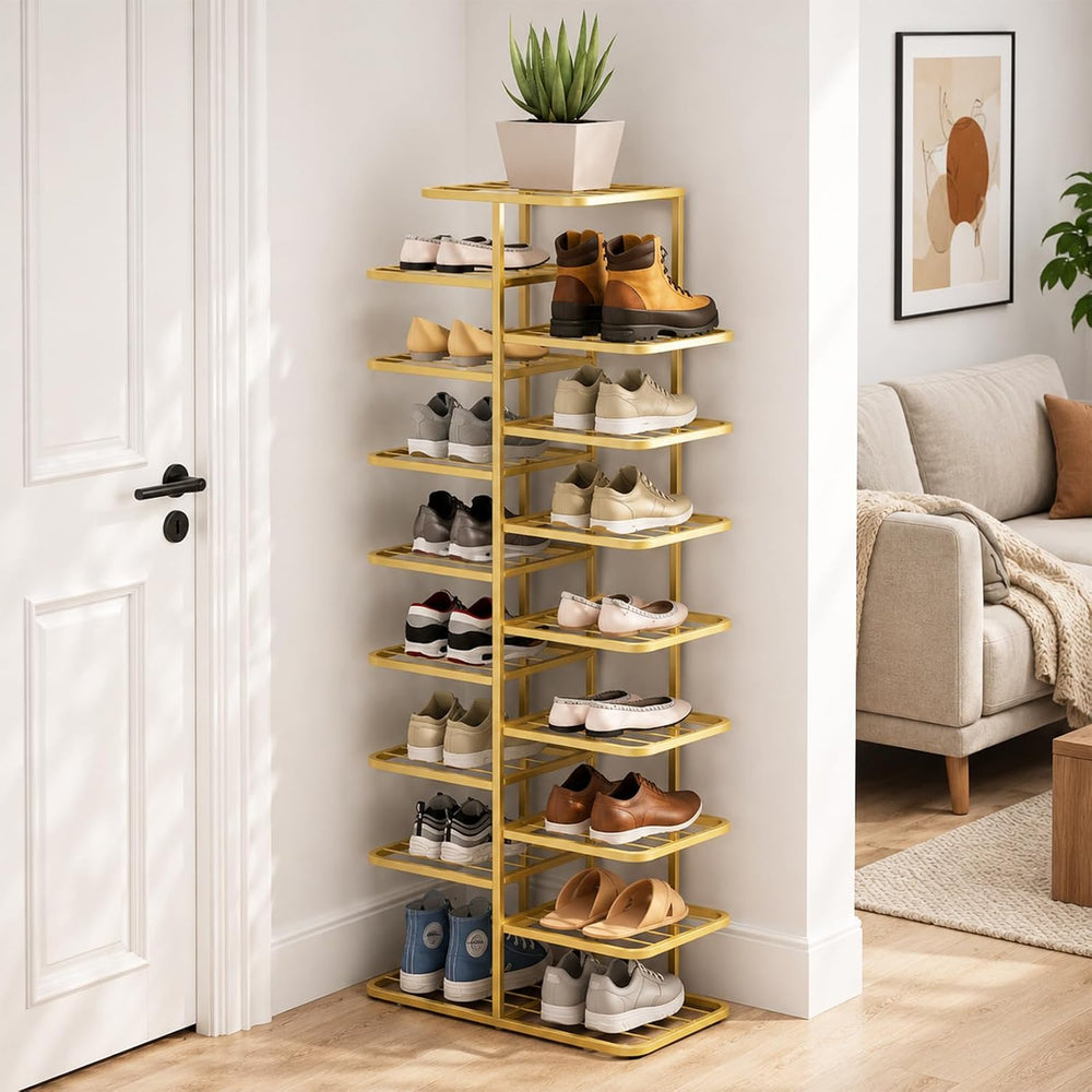 JSWHYBD Gold Shoe Rack Tower, Narrow Metal Organizer for Small Spaces