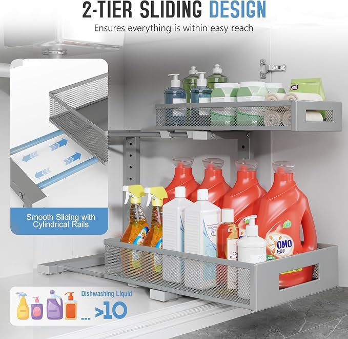 2-Pack Under Sink Storage Organizer, Large 2-Tier Elegant Mesh Pull Out Shelf - Image 4