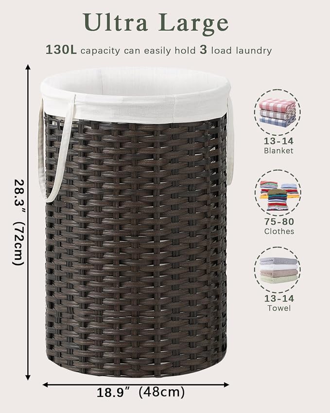 34.3 Gal Large Laundry Hamper Laundry Basket Round Handwoven Wicker Laundry - Image 5