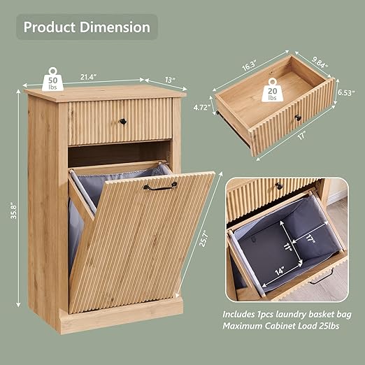 Modern Tilt-Out Trash Can Cabinet, 10 Gallon Fluted Laundry Hamper Cabinet - Image 2