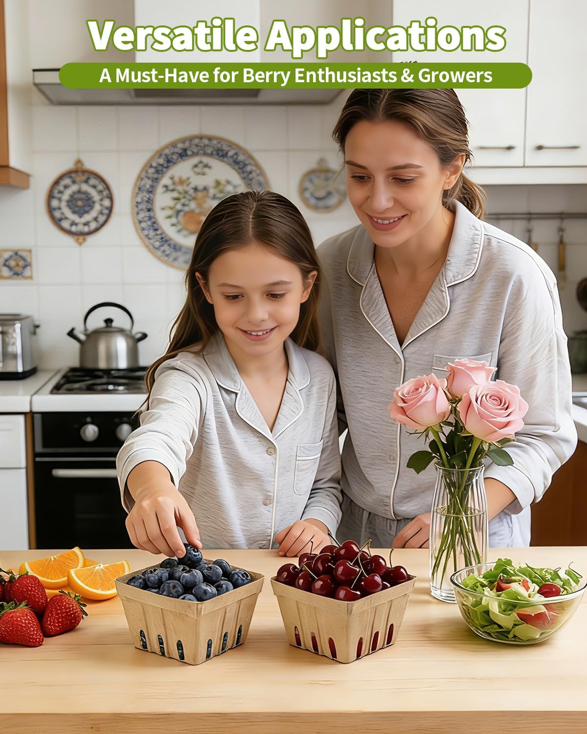 30 Pack Natural Pulp Fiber Berry Basket (4.3x4.3x2.75 Inch), Natural Pulp Produce Baskets & Berry Containers, Vented Strawberry Baskets for Farmers Market Decor, Grocery Store and Kitchen Display