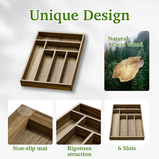 Acacia Wood Silverware Drawer Organizer, Kitchen Utensil Cutlery Drawer - Image 5