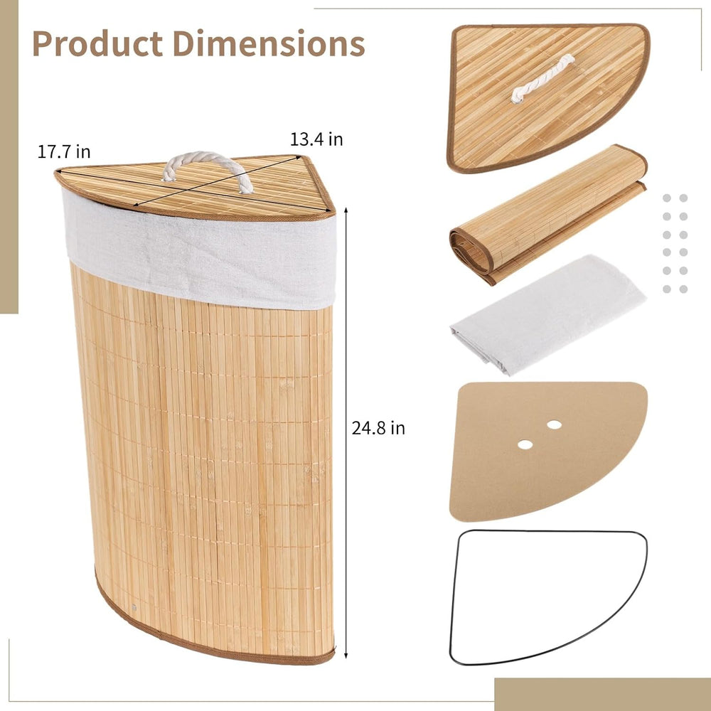 Corner Laundry Hamper with Lid, Foldable Triangle Clothes Hamper, Natural Woo...