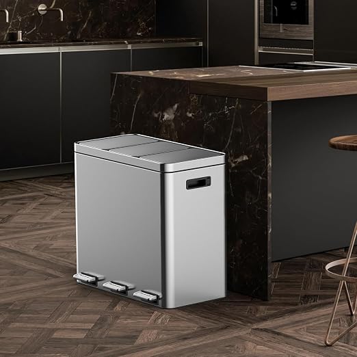 3 x 5.3 Gal Trash Can, Stainless Steel Triple Compartment Step-On Recycling Bin - Image 6