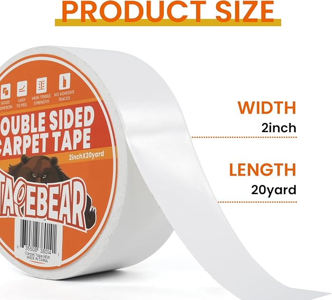 TAPEBEAR Double Sided Carpet Tape 2Inch x 20Yards x 2Rolls, Heavy Duty Rug Tape - Image 3