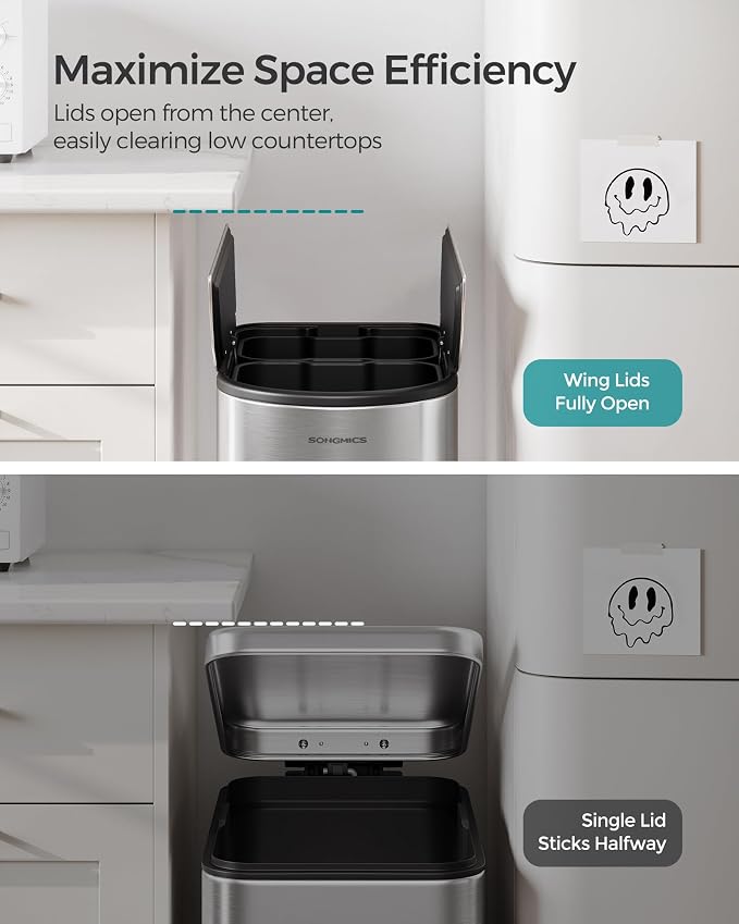 SONGMICS 13-Gallon Dual Kitchen Trash Can, 5.3 and 8 Gallon Compartments - Image 3