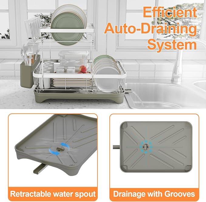 Dish Drying Rack, 2 -Tier 304 Stainless Steel Adjustable Spout Auto-Draining - Image 4