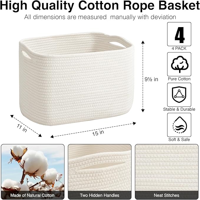 Storage Baskets for Organizing & Shelves, Woven Cotton Rope Organization Bins - Image 3