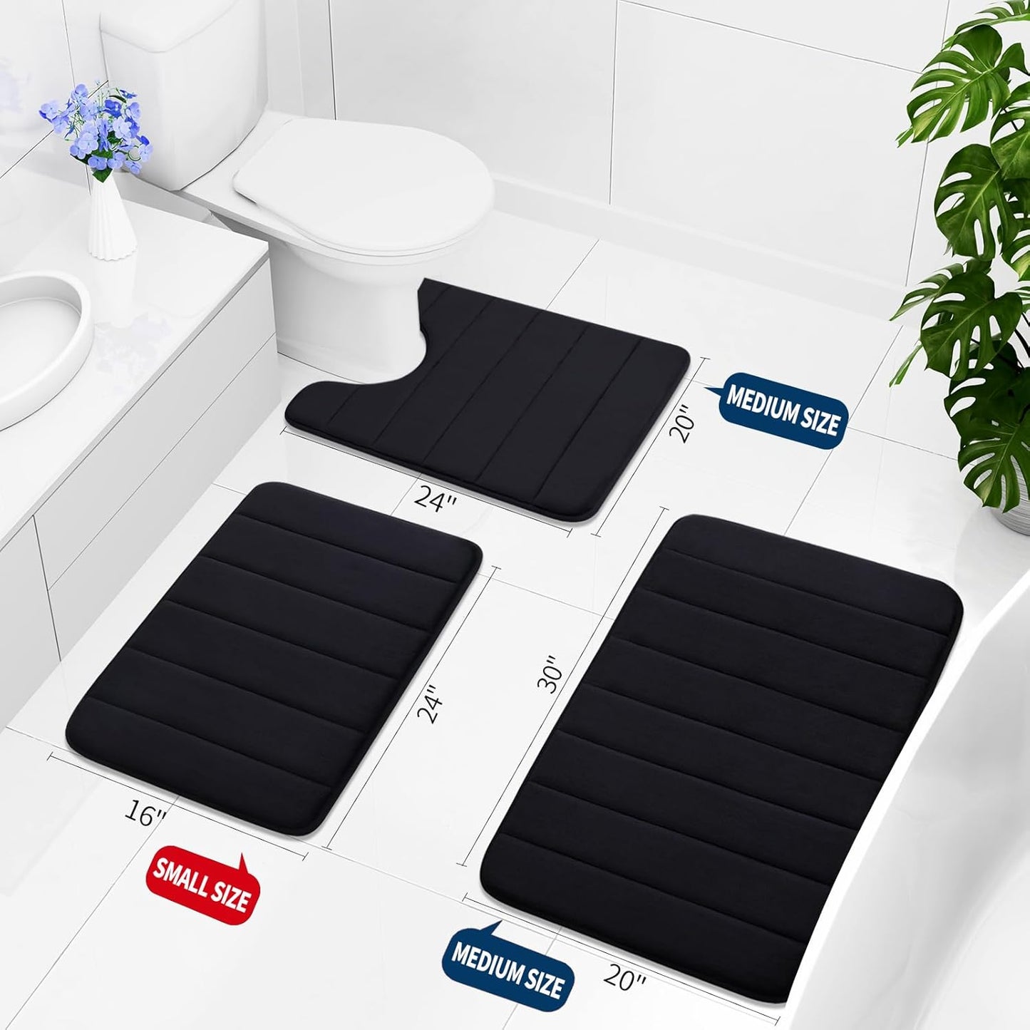Buganda Memory Foam Bath Mat, 30" x 20", Ultra Soft and Non-Slip Bathroom Rugs, Water Absorbent and Machine Washable Bath Rug for Bathroom, Shower, and Tub, Black
