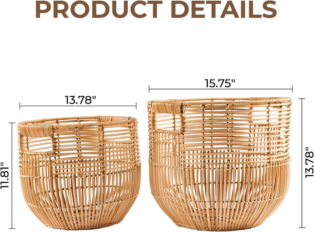 Set Of 2 Large Woven Blanket Baskets With Handles | Round Wicker Rattan Stora...