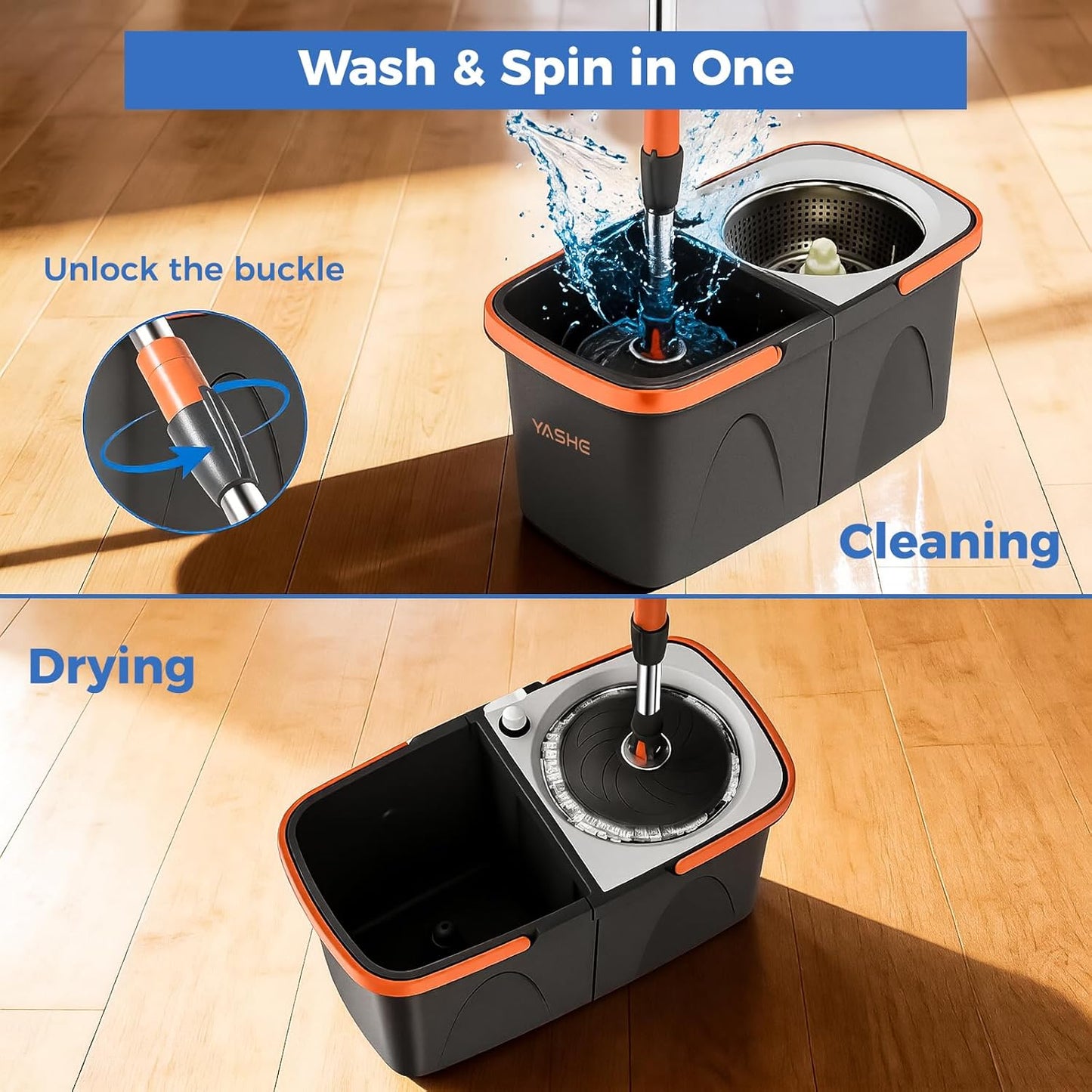 YASHE Foldable Spin Mop and Bucket System, Dual-Bucket Cleaning & Stainless Steel Wringing, Collapsible Storage with Detergent Bottle, 2 Reusable Microfiber Mop Heads for Floor Cleaning