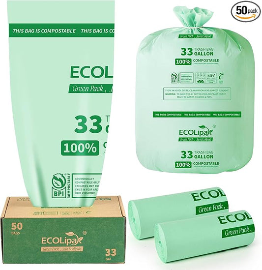 ECOLipak 33 Gallon Compostable Trash Garbage Bags, US BPI ASTM D6400 and OK by ECOLipak