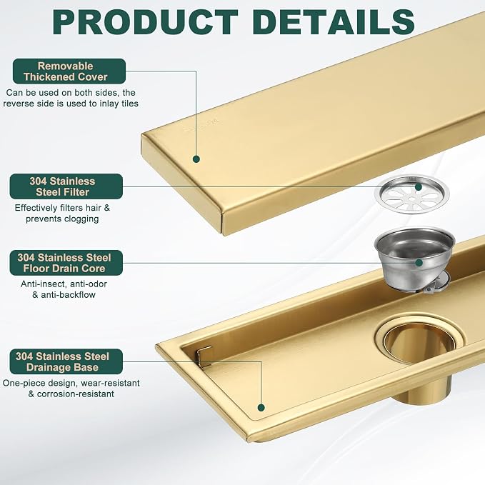 uxcell Rectangular Shower Drain, Brushed 304 Stainless Steel Odor-Proof Floor - Image 3