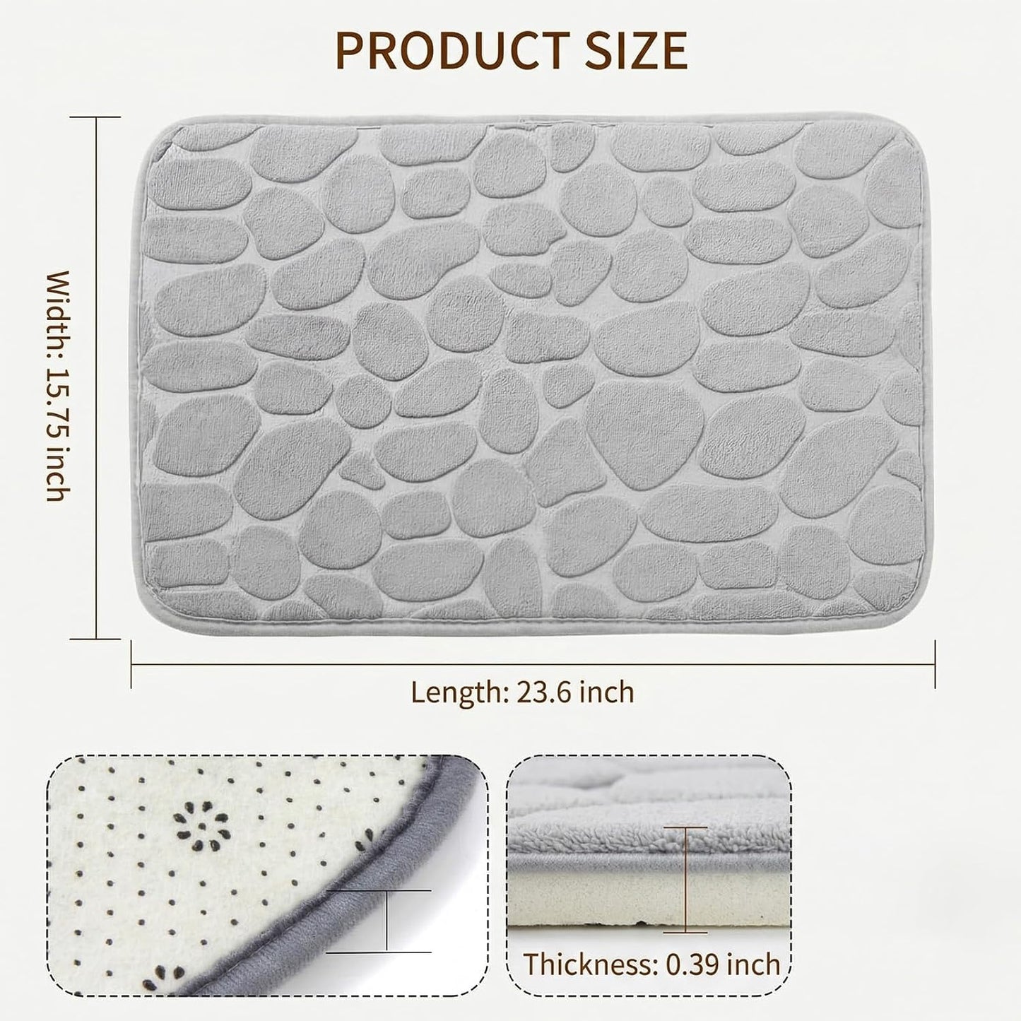 Non Slip Memory Foam Bath Rug, Soft and Comfortable Cobblestone Bathroom Rugs, Water Absorbent Shower Bath Mat for Tub and Sink(23.6 x 15.75 Inch)