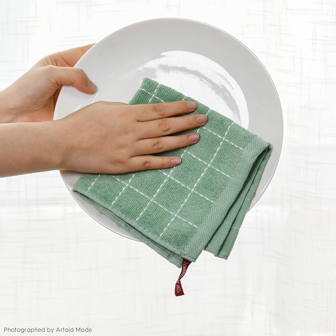 Artoid Mode Checkered Designed Cotton Light Green Terry Kitchen Dish Cloths - Image 6